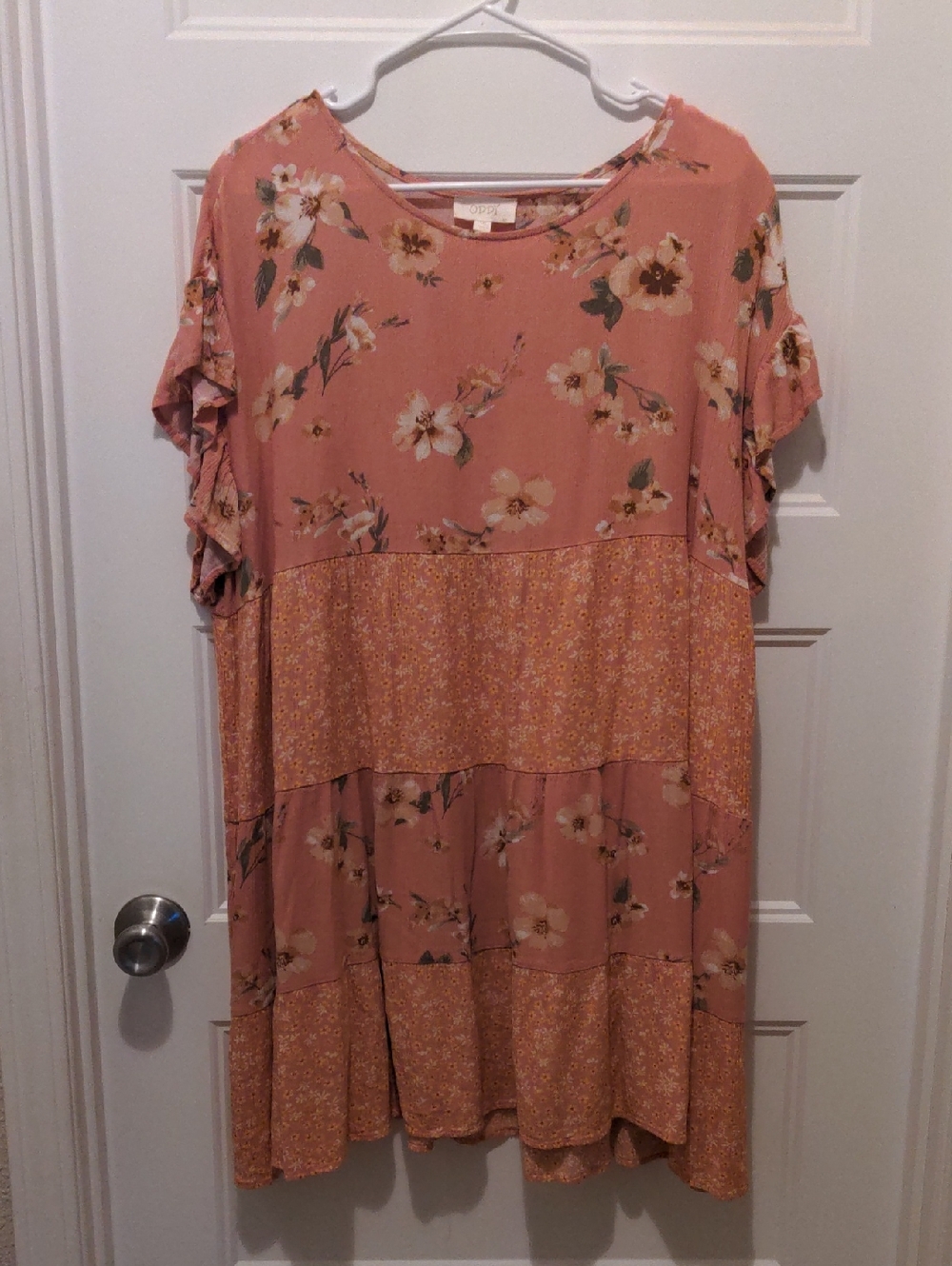 Oddy Floral Tiered Babydoll Tunic Dress Pink Orange 1XL